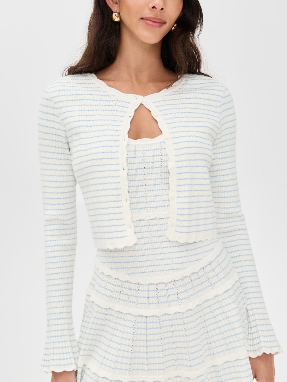 LoveShackFancy White & Blue Striped Stretch Knit Cardigan, Bell Sleeves